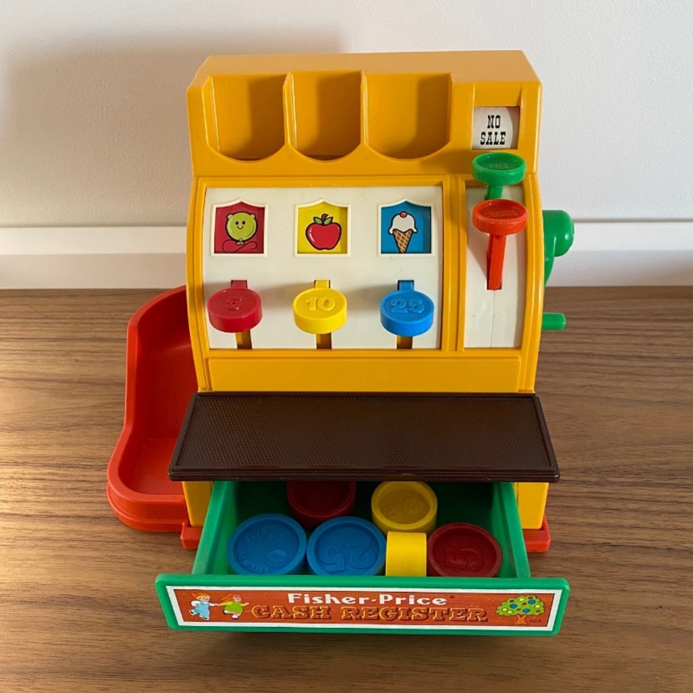 SOLD!! Vintage Fisher Price FP cash register with all coins